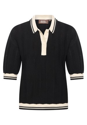 Black knitted polo shirt with a cream collar and three buttons, featuring ribbed cuffs with black and white stripes and a textured pattern.