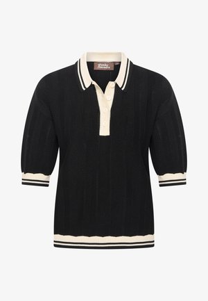 Schwarzes gestricktes Polohemd mit einem cremefarbenen Kragen und drei Knöpfen, ausgestattet mit gerippten Bündchen mit schwarz-weißen Streifen und einem strukturierten Muster.
