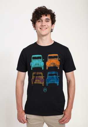 Black t-shirt featuring a colorful graphic of four outlined cars in green, blue, orange, and purple against the black fabric.