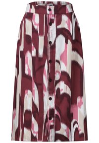 Jupe mi-longue avec fermeture boutonnée à l’avant, présentant des motifs verticaux abstraits en bordeaux, rose, beige et blanc.