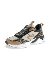 Multicolored sneaker featuring beige mesh, black and brown leather accents, leopard print details, and a thick white sole.