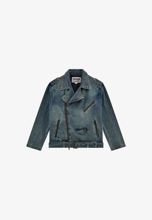 Denim-Motorradjacke in Blau mit asymmetrischem Reißverschluss, mehreren Reißverschlusstaschen und Schulterklappen. Einfaches, stilvolles Design.