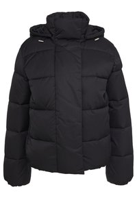 Giubbotto imbottito nero con colletto alto, design trapuntato e imbottitura spessa. Include un cappuccio con stringhe e una chiusura frontale con zip.