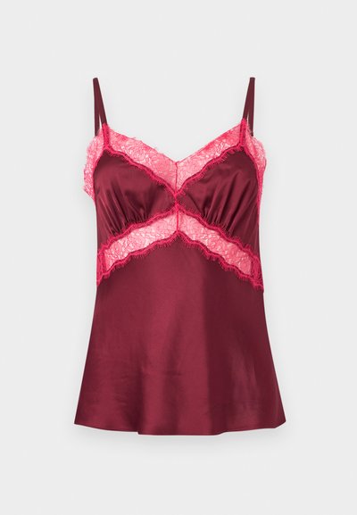 Μπορντό σατέν καμιζόλα με ροζ δαντέλα στο στήθος και τη μέση, με λεπτές, ρυθμιζόμενες τιράντες ώμων.