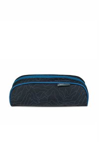 Black pencil case with blue zipper, featuring a textured geometric pattern. Made from durable fabric, it has a rectangular shape and sturdy design.