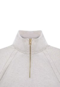 Helles graues Quarter-Zip-Pullover mit Stehkragen, aus einem strukturierten Stoff, mit einem goldenen Reißverschluss und Nahtdetails.