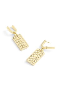 Guldtonade örhängen med en rektangulär tagdesign som har ett utskärt mönster. Visas på gångjärnsclasp för enkel användning.