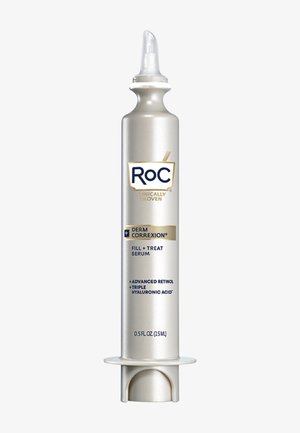 Silver serum tube with a tapered applicator, labeled "RoC Derm Correxion Fill + Treat Serum," highlighting advanced retinol and hyaluronic acid.