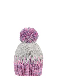 Gray knitted beanie with a pink and blue gradient design, featuring a large, fluffy multicolored pom-pom on top.