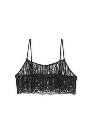 Zwarte kant bralette met dunne bandjes, met een gestructureerd haakwerkdesign en een gegolfde zoom. Zacht en lichtgewicht materiaal.