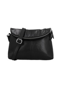 Bolso cruzado de cuero negro con cierre de cremallera y diseño holgado. Cuenta con una correa larga y una solapa plegable. Textura suave en toda su superficie.