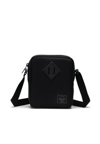 Borsa a tracolla nera con un tessuto resistente, caratterizzata da una superficie testurizzata, tracolla regolabile e un logo a forma di diamante sulla parte anteriore.