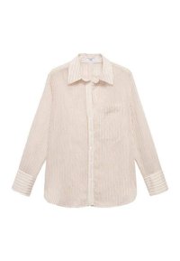 Camicia a maniche lunghe a righe in crema con sottili linee rosse, abbottonatura frontale, colletto a punta e taschino sul petto. Tessuto morbido.