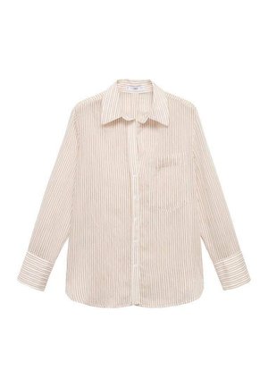 Striped long-sleeve shirt in cream with thin red lines, button-down front, pointed collar, and single chest pocket. Soft fabric texture.