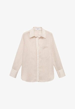 Črtasta srajca z dolgimi rokavi v kremni barvi s tankimi rdečimi črtami, z gumbi na sprednji strani, s koničastim ovratnikom in enim žepom na prsih. Mehka tekstura tkanine.