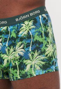 Grüne und blaue Unterwäsche im Trunk-Stil mit einem Palmenmuster auf einem weichen Stoff, mit einem schwarzen Bund, der "BJÖRN BORG" beschriftet ist.