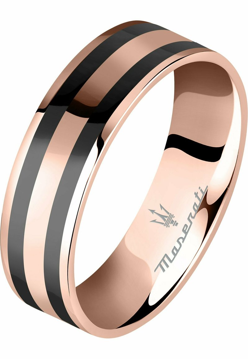 Rosaguld ring med to sorte striber, der løber parallelt. Glat, poleret tekstur med Maserati-logoet præget på indersiden.