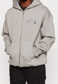 Sweat à capuche gris zippé en tissu doux avec une poche avant, arborant un logo brodé multicolore sur la poitrine gauche.