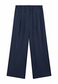 Pantalons ample bleu marine avec taille élastique, texture lisse, sans poches visibles ni embellissements.