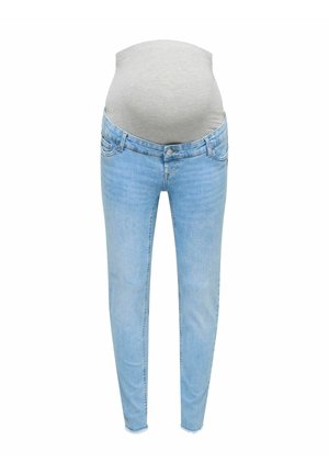 Jeans premaman azzurri chiaro con una fascia elastica grigia progettata per adattarsi al pancione.