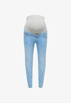 Jeans premaman azzurri chiaro con una fascia elastica grigia progettata per adattarsi al pancione.
