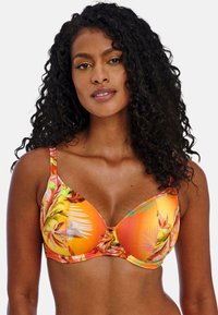 Podprsenka s kosticemi s tropickým potiskem v živých oranžových, žlutých a zelených odstínech; hladká tkanina, nastavitelné ramínka a tvarovaný střih.