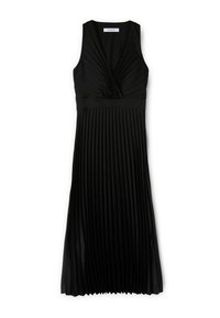 Schwarzes plissiertes Kleid mit V-Ausschnitt, ärmellosem Design und taillierter Passform. Hergestellt aus einem weichen Material mit glatter Textur und fließender Silhouette.