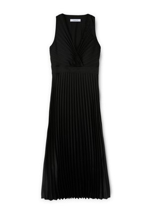 Vestido negro plisado con escote en V, diseño sin mangas y cintura entallada. Confeccionado en un material suave con una textura lisa y una silueta fluida.