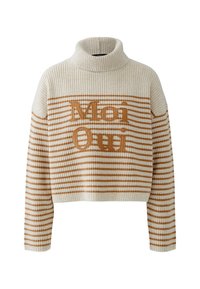 Gebreide trui met een hoge hals, met verticale beige en bruine strepen en geborduurde "Moi Oui" tekst, gecentreerd op de borst.