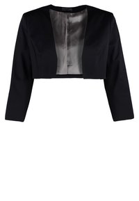 Kort svart blazer med långa ärmar, med en bred halsringning och en slät, grå satinfoder. Minimalistisk design, inga synliga knäppningar.