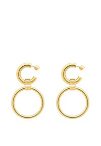 Guldtonade metalörhängen med en cirkulär hoopdesign, med en böjd övre del och en polerad finish.