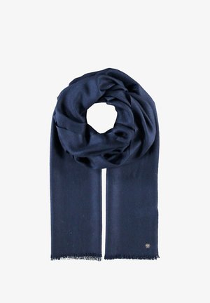 Écharpe bleu marine, matériau doux, forme rectangulaire, extrémités frangées, torsadée pour l'affichage, comporte un petit logo en métal.