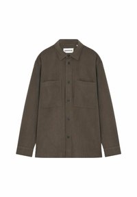 Hnedá kordurová košela s bundou, s golierom, dlhými rukávmi, dvoma prednými vreckami a čiernymi gombíkmi. Textúrovaná tkanina s viditeľným ryhovaním.