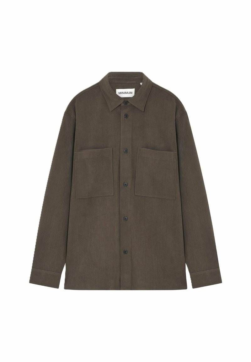 Hnedá kordurová košela s bundou, s golierom, dlhými rukávmi, dvoma prednými vreckami a čiernymi gombíkmi. Textúrovaná tkanina s viditeľným ryhovaním.