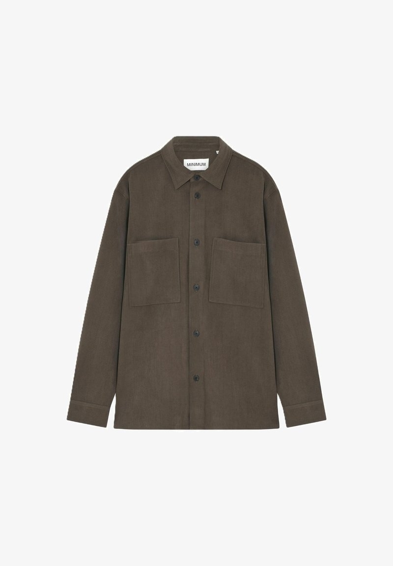 Hnedá kordurová košela s bundou, s golierom, dlhými rukávmi, dvoma prednými vreckami a čiernymi gombíkmi. Textúrovaná tkanina s viditeľným ryhovaním.