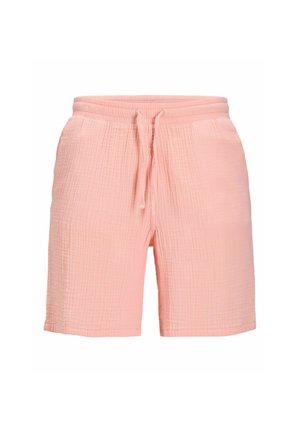 Pantalones cortos de tela texturizada de color rosa claro con cintura elástica y cordón frontal, con bolsillos laterales.