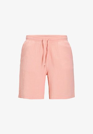 Pantalones cortos de tela texturizada de color rosa claro con cintura elástica y cordón frontal, con bolsillos laterales.