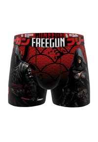 Boxers noirs avec un design graphique rouge et noir représentant deux figures encapuchonnées et un motif de vagues. La ceinture affiche "FREEGUN" en blanc.