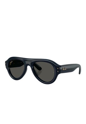 Gafas de sol Ray-Ban azul oscuro con montura redondeada y lentes oscuras, con logo dorado en la patilla y pequeñas remaches dorados en el frontal.