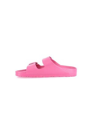 Sandalo con zeppa rosa con due fibbie regolabili e suola texturizzata, progettato per un uso casual.