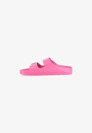Sandalo con zeppa rosa con due fibbie regolabili e suola texturizzata, progettato per un uso casual.