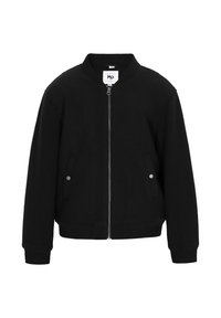 Giacca bomber nera realizzata in morbido tessuto, con zip frontale, polsini a costine e tasche laterali con chiusura a scatto. Design del colletto standard.