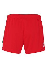 Rode sportshorts van lichtgewicht stof, met een elastische tailleband, een gladde textuur en een logo aan de rechteronderkant.