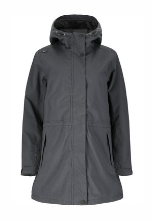 Dunkelgraue lange wasserdichte Jacke mit Kapuze, vorderen Druckknöpfen und Reißverschlusstaschen an den Seiten, entworfen für den Außeneinsatz.