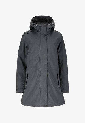 Mørkegrå lang vandtæt jakke med hætte, trykknapper foran og lynlåslommer i siden, designet til udendørs brug.