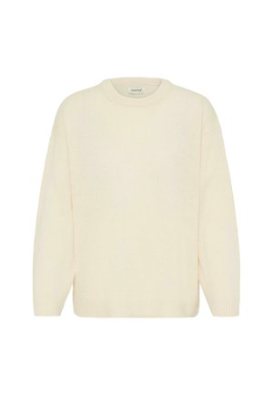 Valkoinen beige neule, joka on valmistettu pehmeästä ja teksturoidusta kankaasta. Ominaisuuksiin kuuluu pyöreä pääntie ja löysä malli, jossa on tippuneet olkaimet.