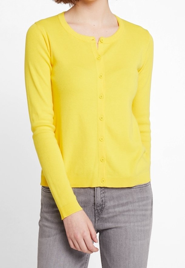 Yellow cardigan with a round neckline, long sleeves, and front button closure. Features a ribbed hem and smooth knit texture.