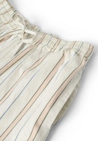 Gestreepte katoenen loungebroek in roomkleur, met verticale lijnen in beige, groen en blauw. Elastische tailleband met een trekkoorddetail.