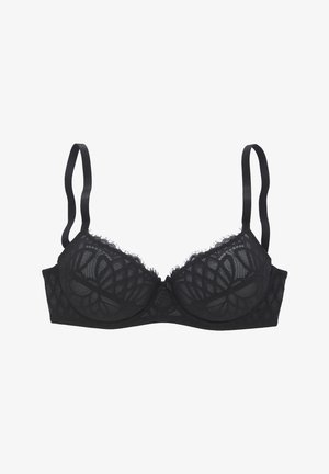 Crni čipkasti grudnjak s podupiračem koji sadrži cvjetni uzorak, podesive naramenice i valovite rubove uz čašice. Mekana tekstura i strukturirani dizajn.