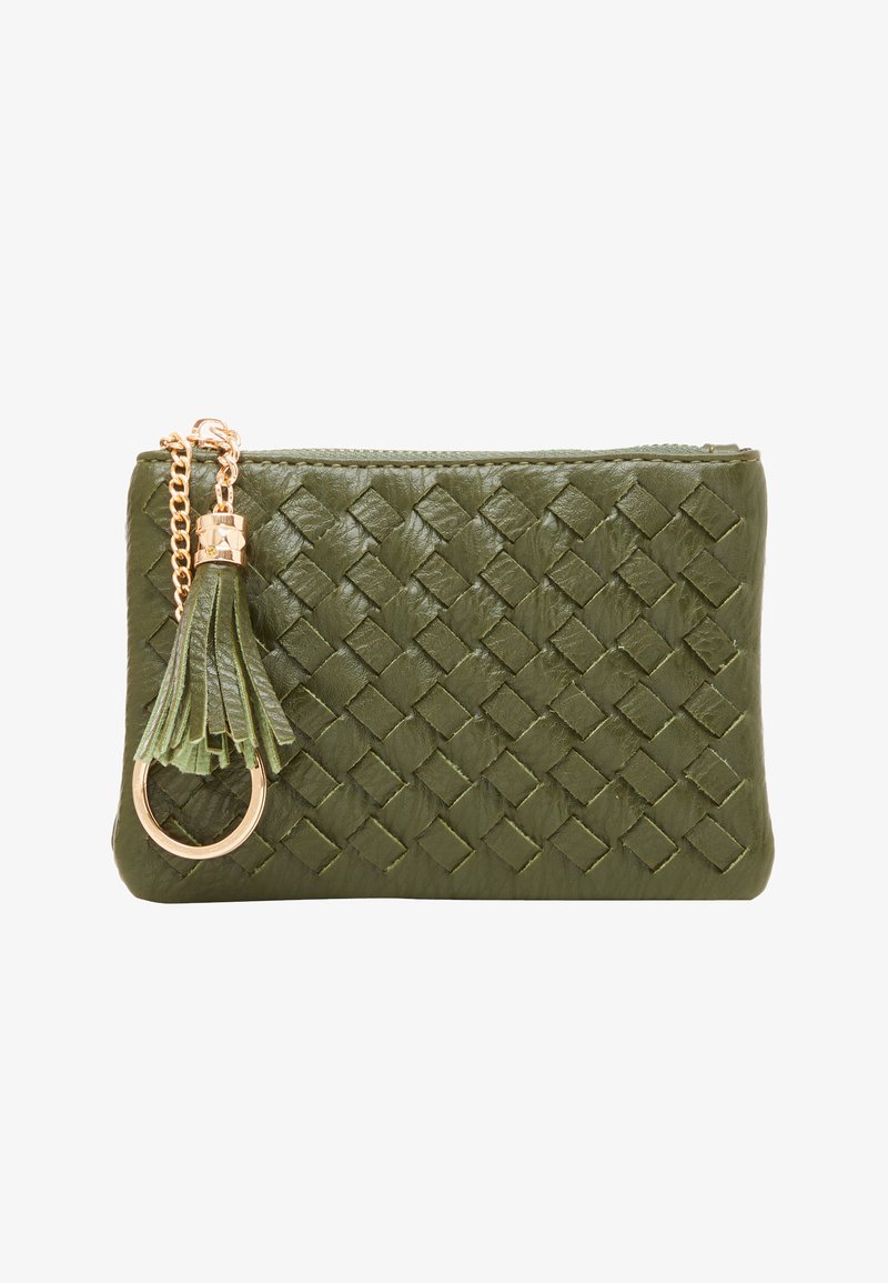 Green woven leather clutch with a textured surface, gold-tone hardware, and a tassel accent attached to a round keyring.